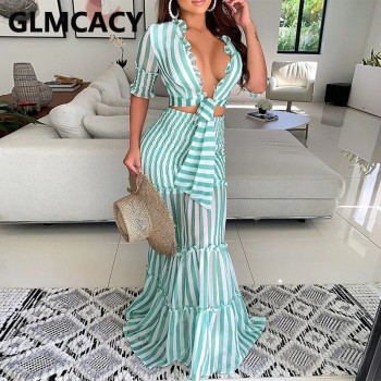 Women Stripes Two Piece Dress Sets Suits Short Sleeve Tie Front Top and Long Maxi Skirt Set